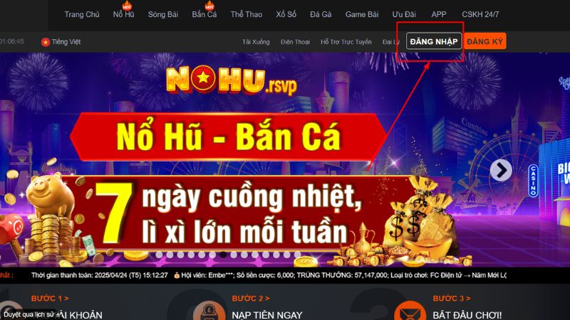 Chọn nút đăng nhập Nohu ở trên góc phải màn hình giao diện